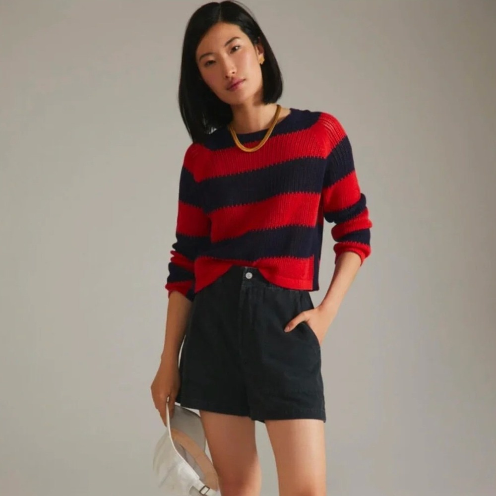 Clare V Raglan Sweater Open Knit Striped Pullover Navy Red Size XS
